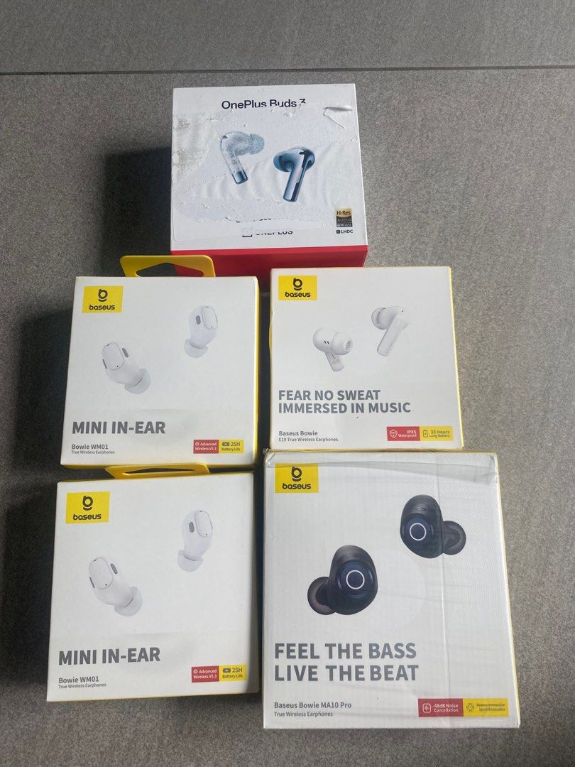 Wireless Earbuds (Category: Earphones) located in Singapore. Submitted by ll007 (Listing ID 1373816606, Image 1). Description: Bowie WM01 $10, buy 2 @$18 (Sold) Baseus Bowie E19 $15 Baseus Bowie MA10 pro $40 OnePlus Bud 3 $50 (Sold) .