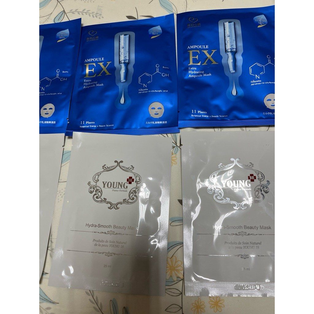 由 lucky997611112 (刊登 ID 1378105884，圖片 1) 提交，位於 新北市 (New Taipei) 的 散裝的單片面膜共6片 (類別：護膚、清潔產品)，說明：藍色包裝 1.我的心機- 安瓶保濕補水面膜 2.有效期限：2028/02/07 白色包裝 1.young18- 安撫保濕面膜片 2.有效期限：2028/01/07 一片10元，買五送一 。