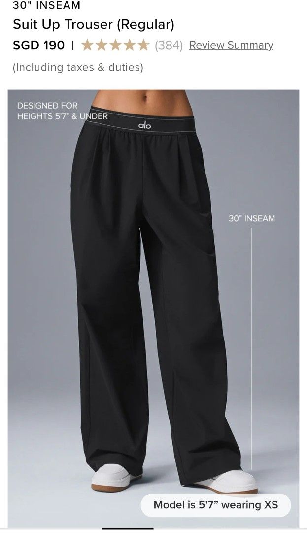 Alo Yoga Suit Up Trouser (Regular) - Black - S (Category: Activewear) located in Singapore. Submitted by _shade_white (Listing ID 1377979525, Image 2). Description: - Brand new Alo Yoga Suit Up Trousers - Color: Black - Size: S - Fit: Loose and relaxed - Inseam: Regular length (suitable for heights 5'7" and under) - Features: Comfortable waistband with Alo logo - Perfect for: Casual wear and active activities - inner tag removed but outer tag sti
