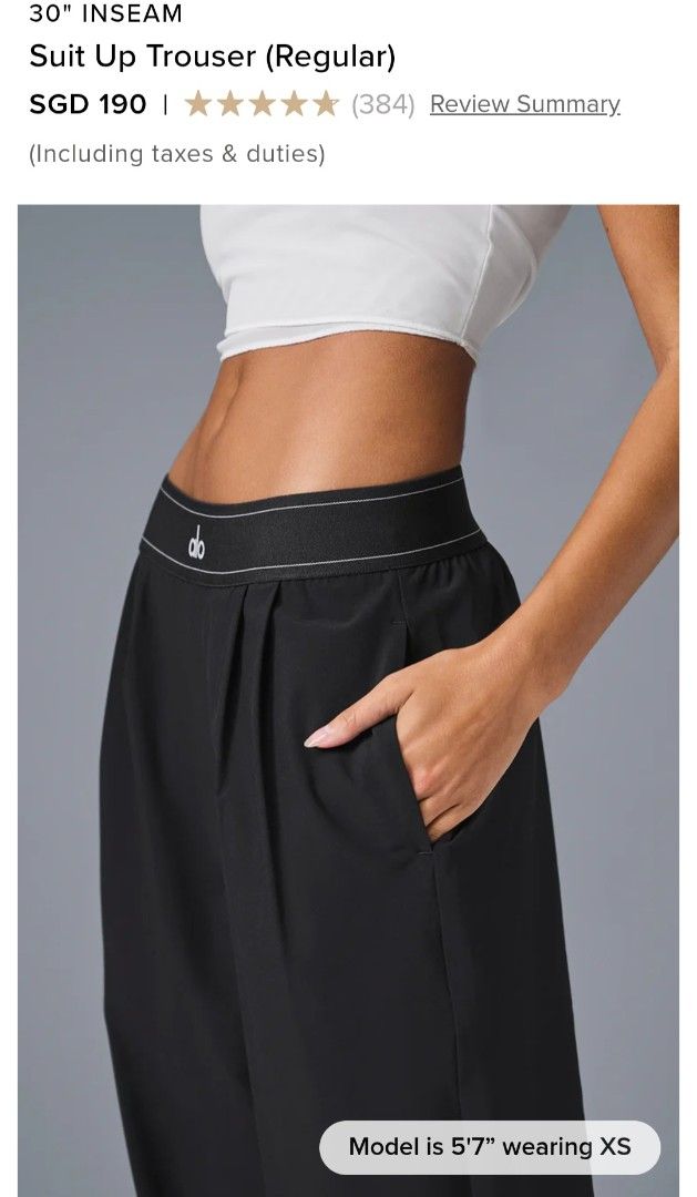 Alo Yoga Suit Up Trouser (Regular) - Black - S (Category: Activewear) located in Singapore. Submitted by _shade_white (Listing ID 1377979525, Image 3). Description: - Brand new Alo Yoga Suit Up Trousers - Color: Black - Size: S - Fit: Loose and relaxed - Inseam: Regular length (suitable for heights 5'7" and under) - Features: Comfortable waistband with Alo logo - Perfect for: Casual wear and active activities - inner tag removed but outer tag sti