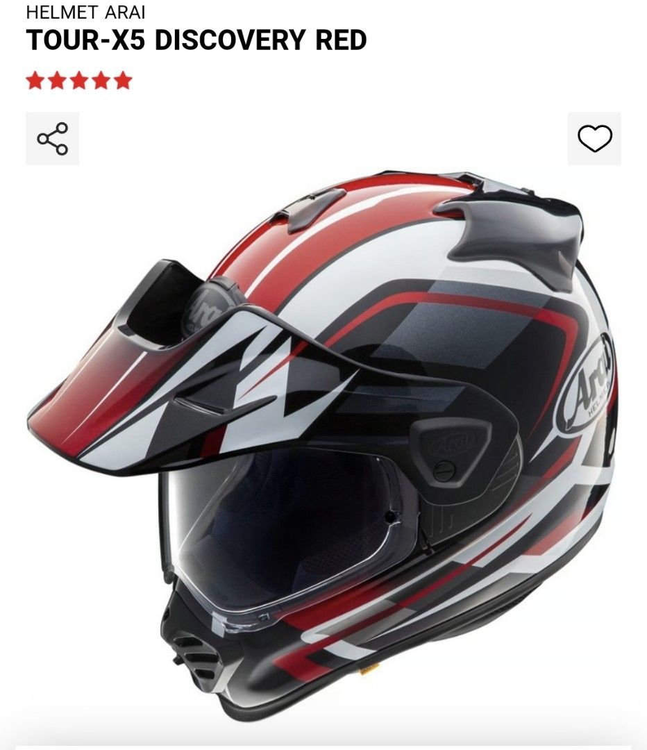 Arai Tour X5 Discovery Red Helmet (Category: Motorcycle Apparel) located in Singapore. Submitted by gunner_17 (Listing ID 1377990350, Image 1). Description: - Arai Tour-X5 Discovery Red helmet - Striking red, white, and black design - Excellent condition - Includes visor - Worn once - Size L - Bought from Chiap Lee in April 2025 - Comes with box, helmet bag and manual.