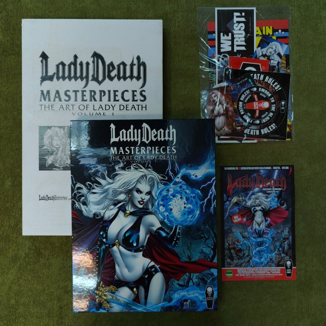 Coffin Comics | Lady Death: Masterpieces - The Art of Lady Death Casebound Hardcover Art Book by Brian Pulido (Kickstarter Exclusive Signed/ Autographed Limited Edition) (Category: Comics & Manga) located in Singapore. Submitted by femscout (Listing ID 1377980125, Image 1). Description: 🔹Brand New, 200 Pages 🔹Limited Edition: 1 of 2500 Worldwide 🔸Collection/ Viewing: Golden Mile Tower, 02-54 6001 Beach Rd, S(199589) 🔸Meetups: Kaki Bukit MRT (