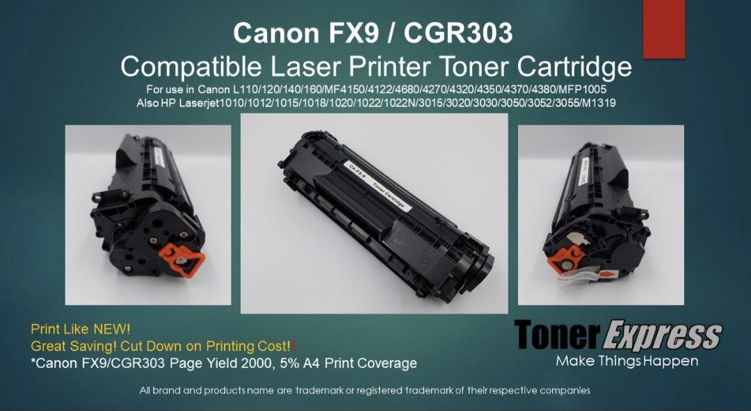 Compatible Canon FX9 / HP Q2612A / CGR303 Toner Cartridge (Category: Printers, Scanners & Copiers) located in Singapore. Submitted by tonerexpresscmyk (Listing ID 1378002687, Image 1). Description: Canon FX9 / HPQ2612A/ CRG326 Compatible Laser Printer Toner Cartridge for use in Canon L110/120/140/160/MF4150/4122/4680/4270/4320/4350/4370/4380/MFP1005 Also for HP Laserjet1010/1012/1015/1018/1020/1022/1022N/3015/3020/3030/3050/3052/3055/M1319Page Yi