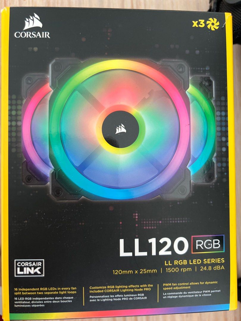 Corsair LL120 RGB LED Series Fans (3-Pack) (Category: Computer Parts) located in Singapore. Submitted by achillguy (Listing ID 1377978770, Image 1). Description: Brand new Corsair LL120 RGB LED series fans. This is a 3-pack of fans with customizable RGB lighting effects. Features 16 independent RGB LEDs in each fan. PWM fan control allows for dynamic speed adjustment. Perfect for PC enthusiasts looking to upgrade their cooling and aesthetics..