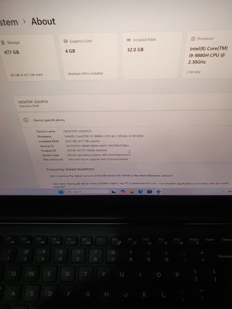 DELL latitude Pricision tuchscren Model 5540 Core i9 gen 9 Ram 32 GB SSD 512 GB 4GB dedicated graphics like new condition can nego What app for faster response 8416 6291 (Category: Laptops & Notebooks) located in Singapore. Submitted by bismirahma21933 (Listing ID 1378145816, Image 3). Description: ✅ Dell pricision tuchscren model 5540 Core i9/gen 9th 15.6 inches fully HD display with backlight keyboard ✅✅External condition 9/10 ✅✅Internal condit