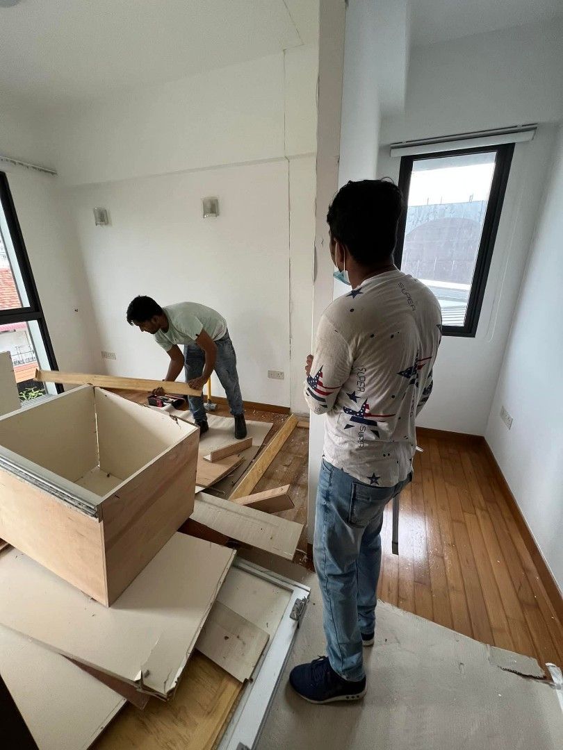 Dismantle/office furniture dismantle/partition wall remove/cabinet dismantle/wardrobe dismantle/doube decker bed dismantle/hacking/wooden floor dismantle/parquet floor dismantle/wall hacking/skirting remove/Id/contractor/tv console/putchup/painting. (Category: HDB Renovation) located in Singapore. Submitted by nippon_paint (Listing ID 1378144478, Image 2). Description: Hello, House Owners, Need dismantle and disposal service? Our skilled team han