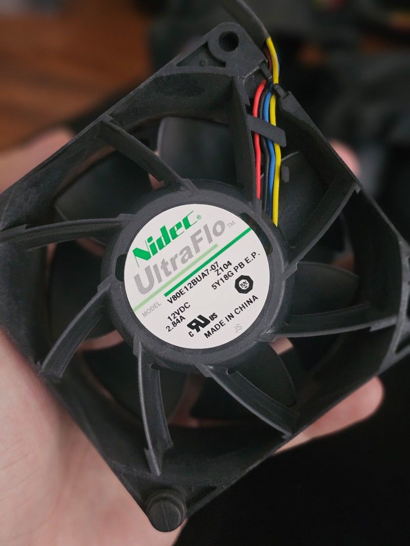 High-Performance 80mm Nidec UltraFlo Fans (Category: Other Accessories) located in Manila. Submitted by giooooo03 (Listing ID 1378029841, Image 2). Description: High-Performance 80mm Nidec UltraFlo Fans – 3 Fans for 700 PHP Only! Selling 80x80mm Nidec UltraFlo server-grade fans – heavy-duty cooling for your PC, NAS, or server setup! Model: V80E12BUA7-57 12VDC | 2.8A – Powerful airflow Reliable, durable, and built to last Ideal for server cases, n