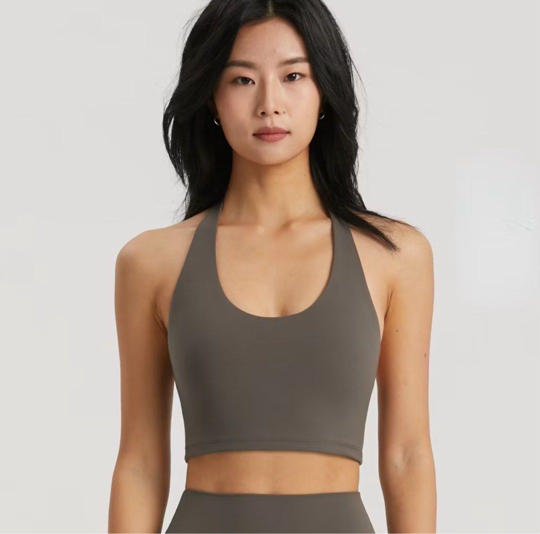Khaki Brown Halter Yoga Bra (Category: Activewear) located in Singapore. Submitted by wlc2mycloset (Listing ID 1378113899, Image 1). Description: love the material of this yoga bra but i bought the wrong size 😭😭.
