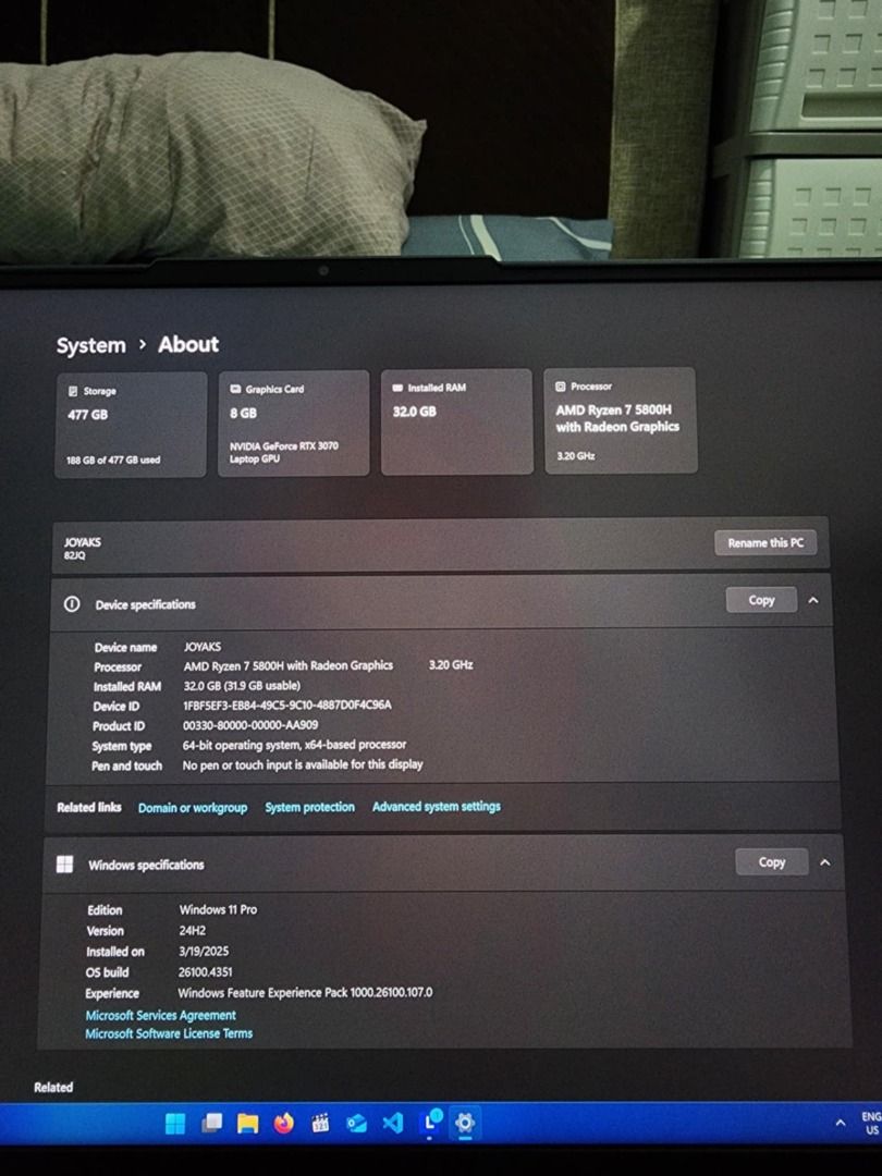 Lenovo Legion 5 Pro RTX 3070 (Category: Laptops & Notebooks) located in Compostela. Submitted by fermilan3009 (Listing ID 1378146019, Image 3). Description: FOR SALE: Lenovo Legion 5 Pro – High-Performance Gaming & Work Laptop 💻🔥 📌 Specs: Model: Lenovo Legion 5 Pro Processor: AMD Ryzen 7 5800H (8 cores, up to 4.4 GHz) Graphics: NVIDIA GeForce RTX 3070 (8GB) – Laptop GPU RAM: 32GB DDR4 (31.9GB usable) Storage: 477GB SSD (Fast boot & load times)
