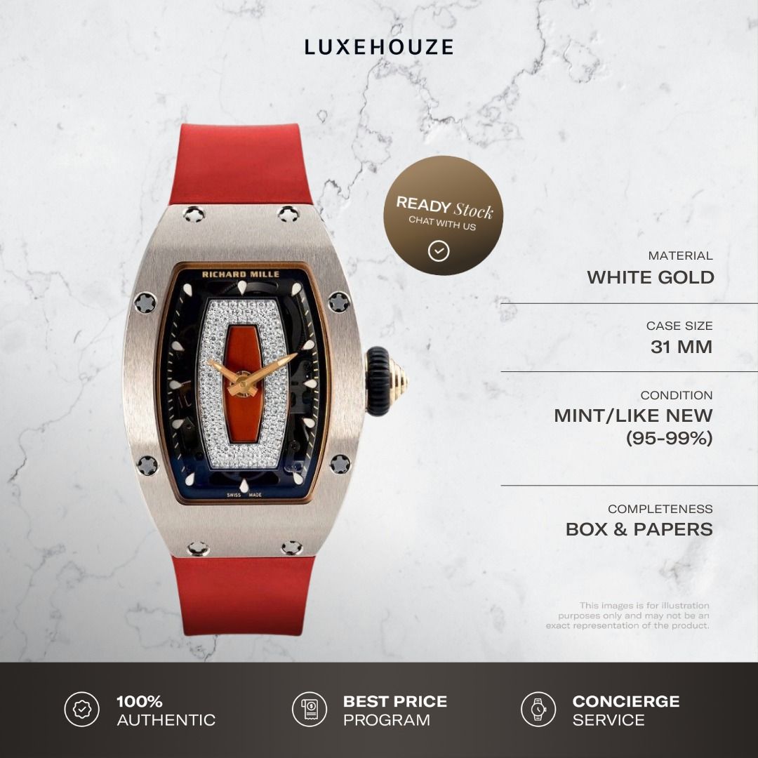 Mint 2022 Richard Mille RM07-01 Plain White Gold (Red Lips) (Category: Watches) located in Singapore. Submitted by luxehouze (Listing ID 1209971741, Image 1). Description: Join our Community for special deals and latest arrivals! //bit.ly/LHWatchesSG Watch Details: SKU: 0013102 Condition: Mint/Like New (95-99%) Dial: Red / Diamonds Year: 2022 Completeness: Box & Papers This item is available at Luxehouze Boutique Singapore. Please contact us to s
