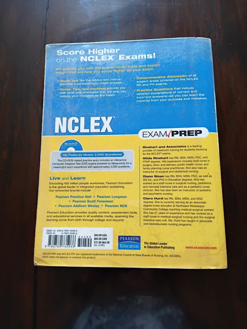 NCLEX EXAM/PREP COMPREHENSIVE Succeed with comprehensive learning and practice tests (Category: Textbooks) located in Bacoor. Submitted by gbazaar (Listing ID 1377963474, Image 2). Description: NCLEX EXAM/PREP COMPREHENSIVE Succeed with comprehensive learning and practice tests WILDA RINEHART, DIANN SLOAN, CLARA HURD Used - but in good condition No highlights / no writings Softbound cover Browning/discoloration of pages MOP - gcash.