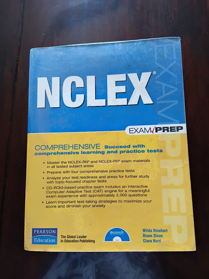 NCLEX EXAM/PREP COMPREHENSIVE Succeed with comprehensive learning and practice tests (Category: Textbooks) located in Bacoor. Submitted by gbazaar (Listing ID 1377963474, Image 1). Description: NCLEX EXAM/PREP COMPREHENSIVE Succeed with comprehensive learning and practice tests WILDA RINEHART, DIANN SLOAN, CLARA HURD Used - but in good condition No highlights / no writings Softbound cover Browning/discoloration of pages MOP - gcash.
