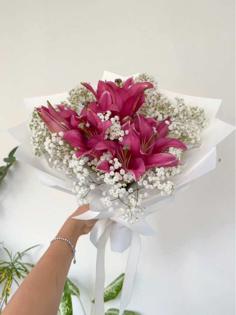 Pink Lily & Baby’s Breath Bouquet | Fresh Flower Bouquet (Category: Flowers & Bouquets) located in Singapore. Submitted by seedtobloomsg (Listing ID 1377995892, Image 2). Description: WRAPPER COLOUR pink | cream | black | white ISLANDWIDE DELIVERY - $10 flexible timing (9am-10pm) - $20 specific 2h timing FREE SELF PICK-UP Tampines, S520736 (near UWCSEA) SUITABLE AS Anniversary Flowers Birthday Flowers Congratulations Bouquet Get Well Soon Bouquet