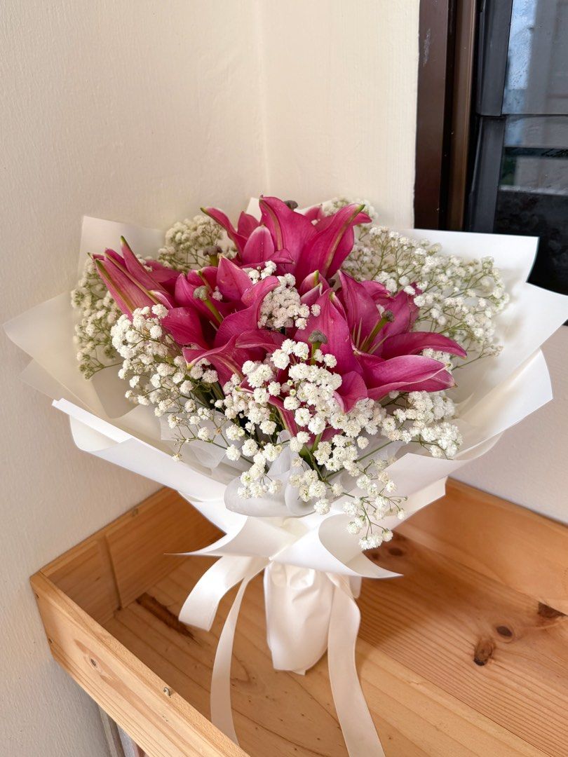 Pink Lily & Baby’s Breath Bouquet | Fresh Flower Bouquet (Category: Flowers & Bouquets) located in Singapore. Submitted by seedtobloomsg (Listing ID 1377995892, Image 1). Description: WRAPPER COLOUR pink | cream | black | white ISLANDWIDE DELIVERY - $10 flexible timing (9am-10pm) - $20 specific 2h timing FREE SELF PICK-UP Tampines, S520736 (near UWCSEA) SUITABLE AS Anniversary Flowers Birthday Flowers Congratulations Bouquet Get Well Soon Bouquet