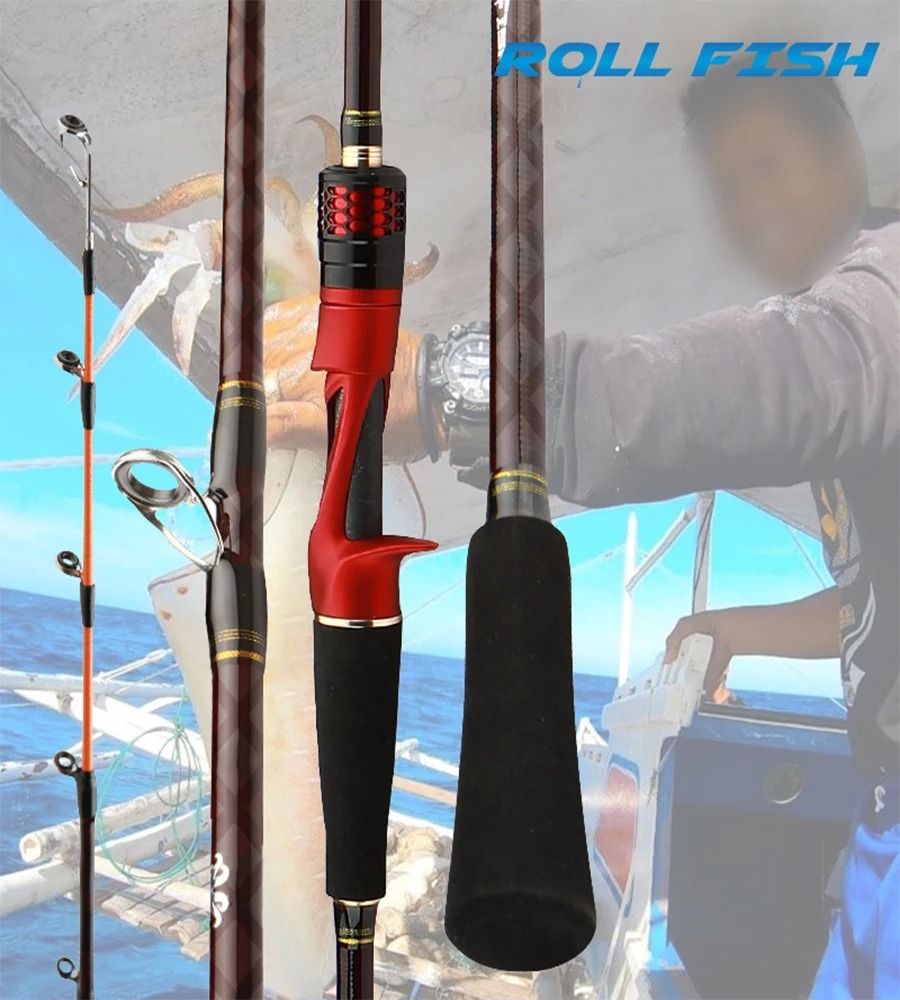 ROLLFISH 1.7M/5.57FT Carbon Fiber TitaniumTip Octopus Squid Cuttle Rod  Rotating Guides Action 8:2 for Saltwater Boat Jigging Rod, 運動產品, 釣魚-  Carousell