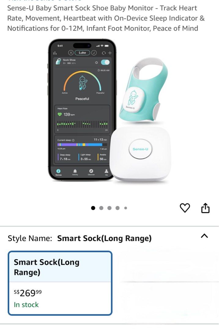 Sense-U Baby Smart Sock Shoe Monitor (Category: Baby Monitors) located in Singapore. Submitted by seller00008 (Listing ID 1378012543, Image 1). Description: Original price 270sgd Never opened as i got another one as a gift. Ordered from Amazon. Brand new Sense-U Smart Sock (Long Range) baby monitor. Tracks heart rate, movement, and sleep quality. Features on-device sleep indicator and notifications. Suitable for babies aged 0-12 months. Provides 