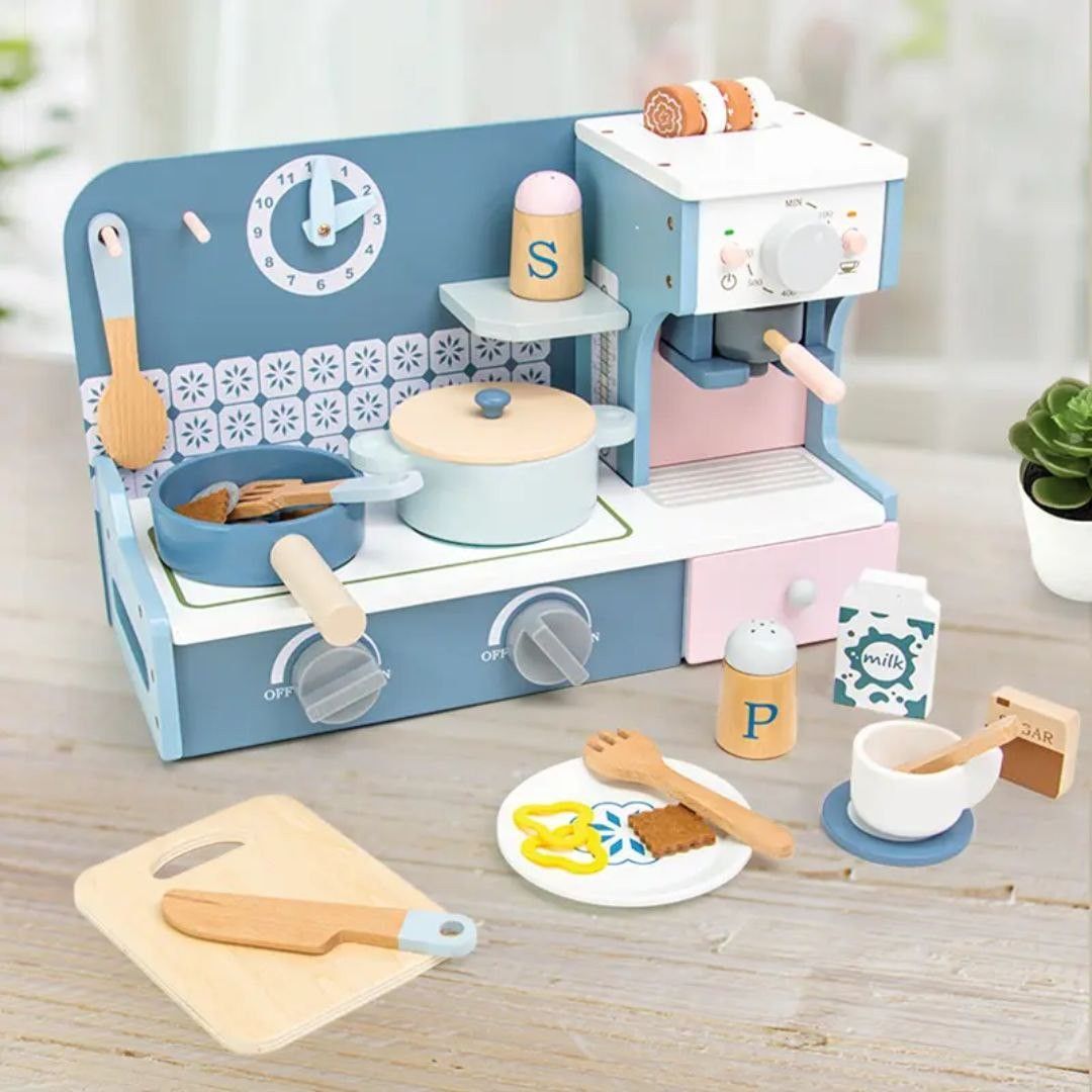 [Sg stock] Wooden Mini kitchen & coffee machine (Category: Infant Playtime) located in Singapore. Submitted by babycloset.sg (Listing ID 1378035018, Image 1). Description: Mini kitchen & coffee machine $39.90.