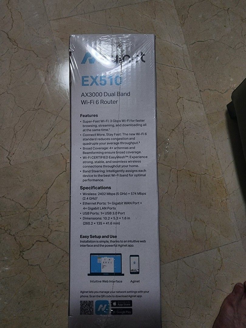 TP-Link EX510 AX3000 Dual Band Wi-Fi 6 Router (Category: Networking) located in Singapore. Submitted by danielhu2 (Listing ID 1378063678, Image 2). Description: - Brand new TP-Link EX510 AX3000 Wi-Fi 6 Router - Super-fast Wi-Fi speeds - Wide coverage for your home - Easy setup process - Ideal for streaming, gaming, and multiple devices - Comes with a 3-year warranty.