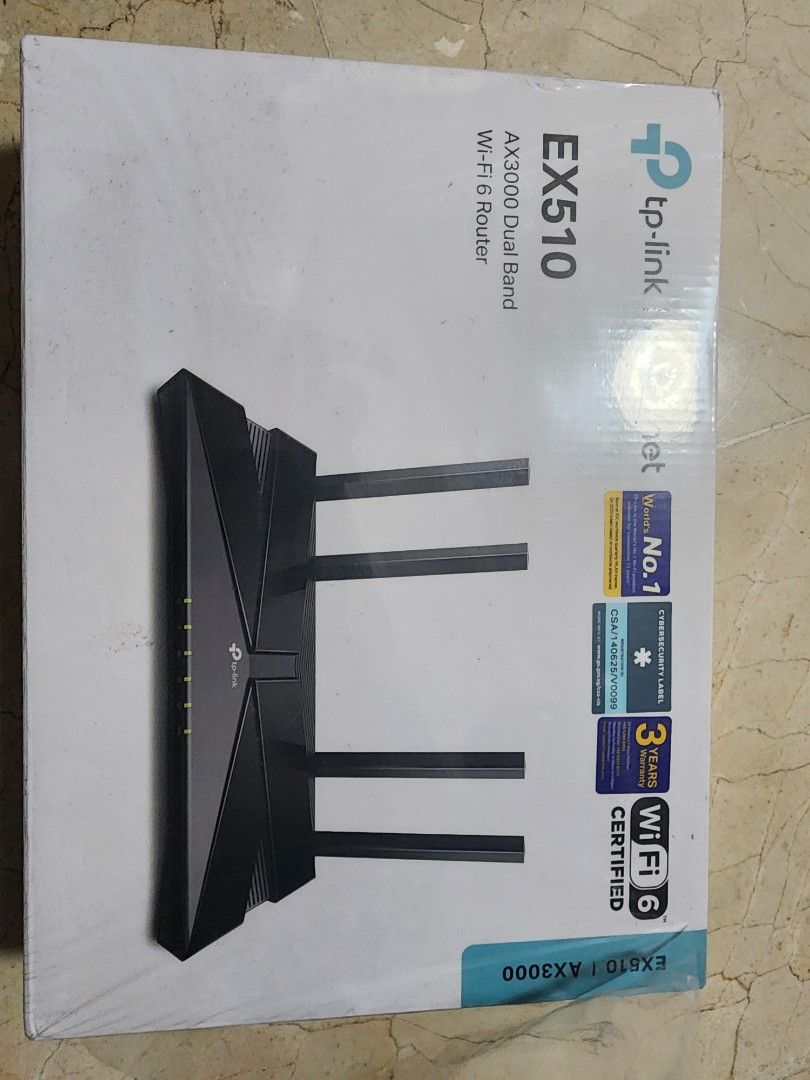 TP-Link EX510 AX3000 Dual Band Wi-Fi 6 Router (Category: Networking) located in Singapore. Submitted by danielhu2 (Listing ID 1378063678, Image 1). Description: - Brand new TP-Link EX510 AX3000 Wi-Fi 6 Router - Super-fast Wi-Fi speeds - Wide coverage for your home - Easy setup process - Ideal for streaming, gaming, and multiple devices - Comes with a 3-year warranty.