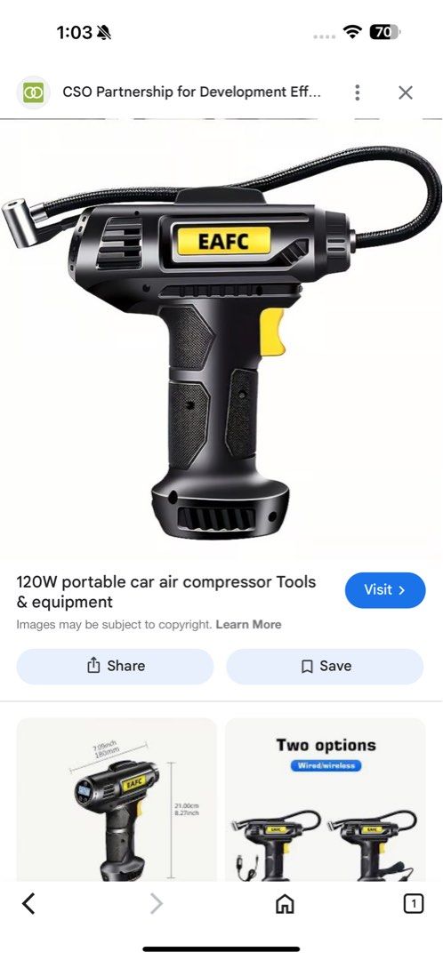 120W portable car air compressor Tools & equipment (Category: Construction Tools & Equipment) located in Manila. Submitted by jfodoit0023 (Listing ID 1379764101, Image 2). Description: Brandnew without box.