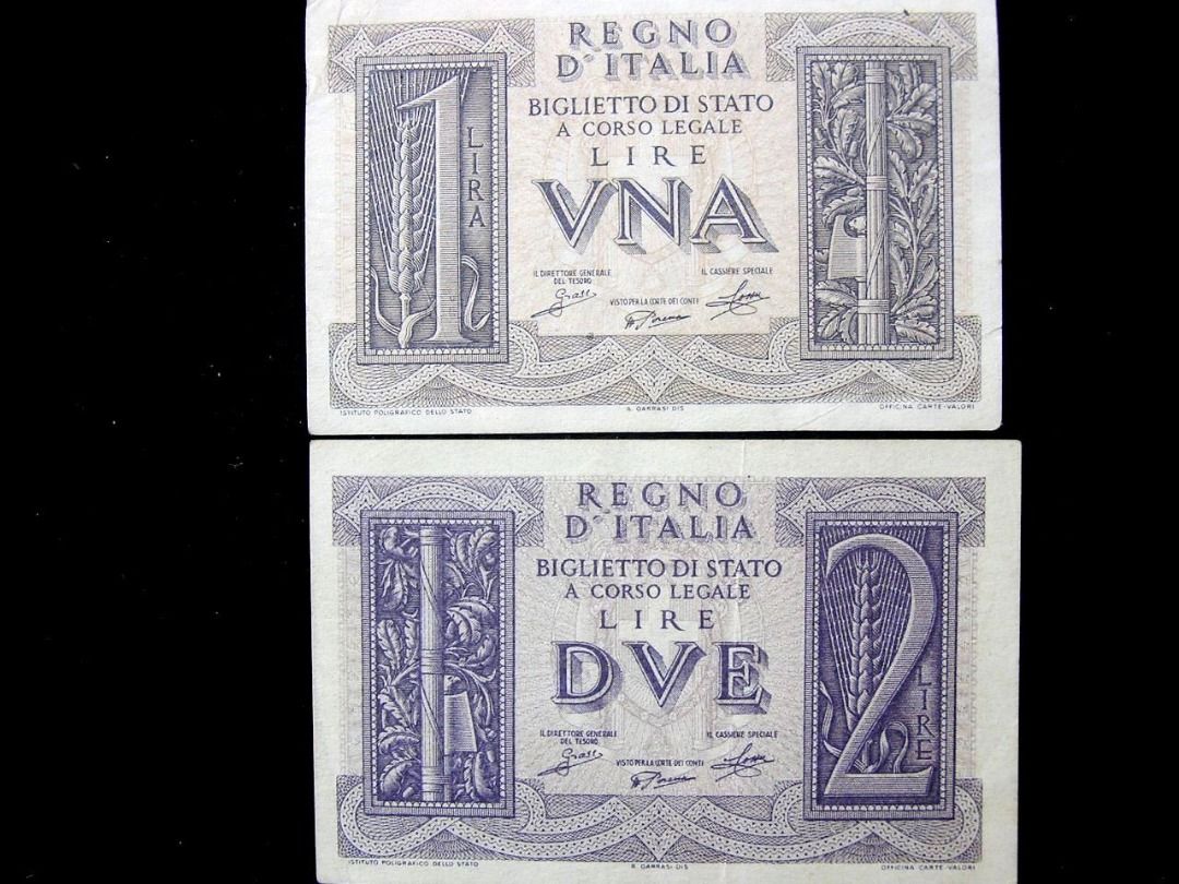 意大利戰前鈔票-1938年意大利王國(Kingdom of Italy)凱撒大帝雕像壹里拉及歐古斯大帝2里拉鈔票共兩枚(墨索里尼執政時期),  興趣及遊戲, 收藏品及紀念品, 錢幣- Carousell