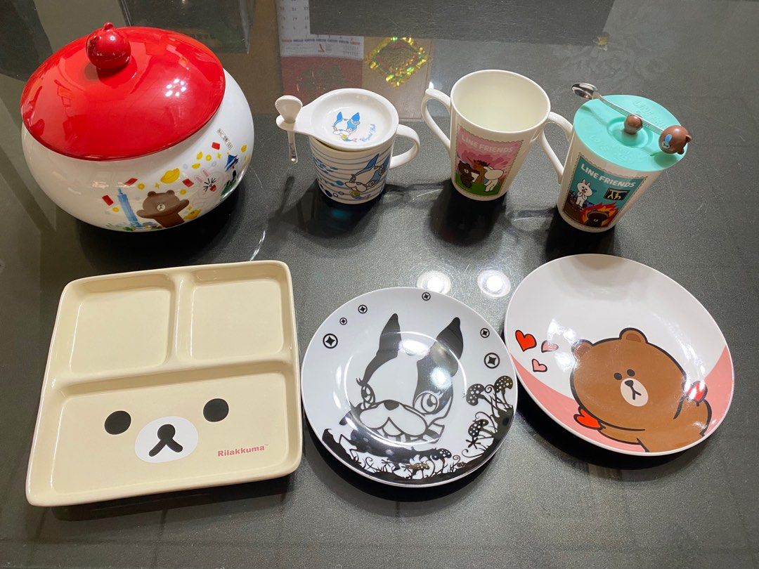 由 smilebrown (刊登 ID 1379899133，圖片 1) 提交，位於 台中市 (Taichung) 的 熊大、法鬥和拉拉熊聯名餐具 (類別：餐具和餐具)，說明：熊大馬克杯僅一組使用過，其餘的熊大甕、熊大盤和法鬥下午茶餐具組都是全新未使用。