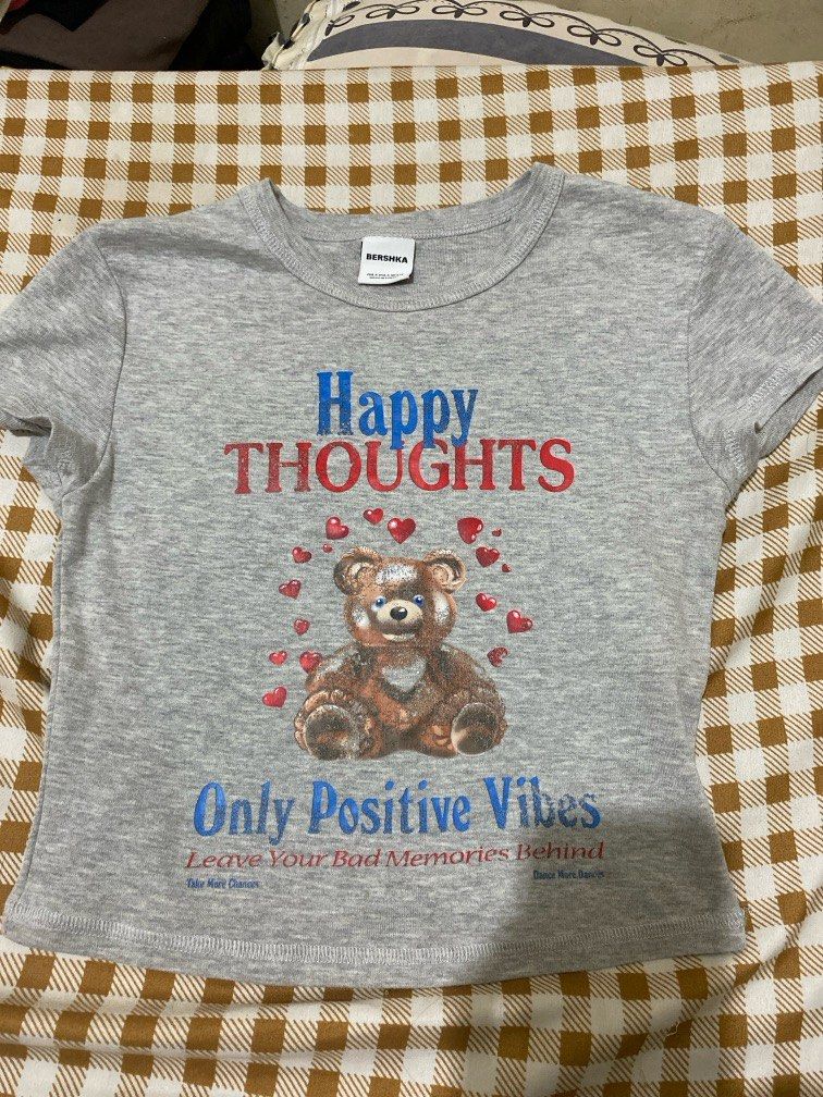 Bershka crop top happy thoughts (Category: Others Tops) located in Manila. Submitted by pastaoverload (Listing ID 1379877930, Image 1). Description: size small orig bershka once lang nasuot (maliit na kaya need ibenta).