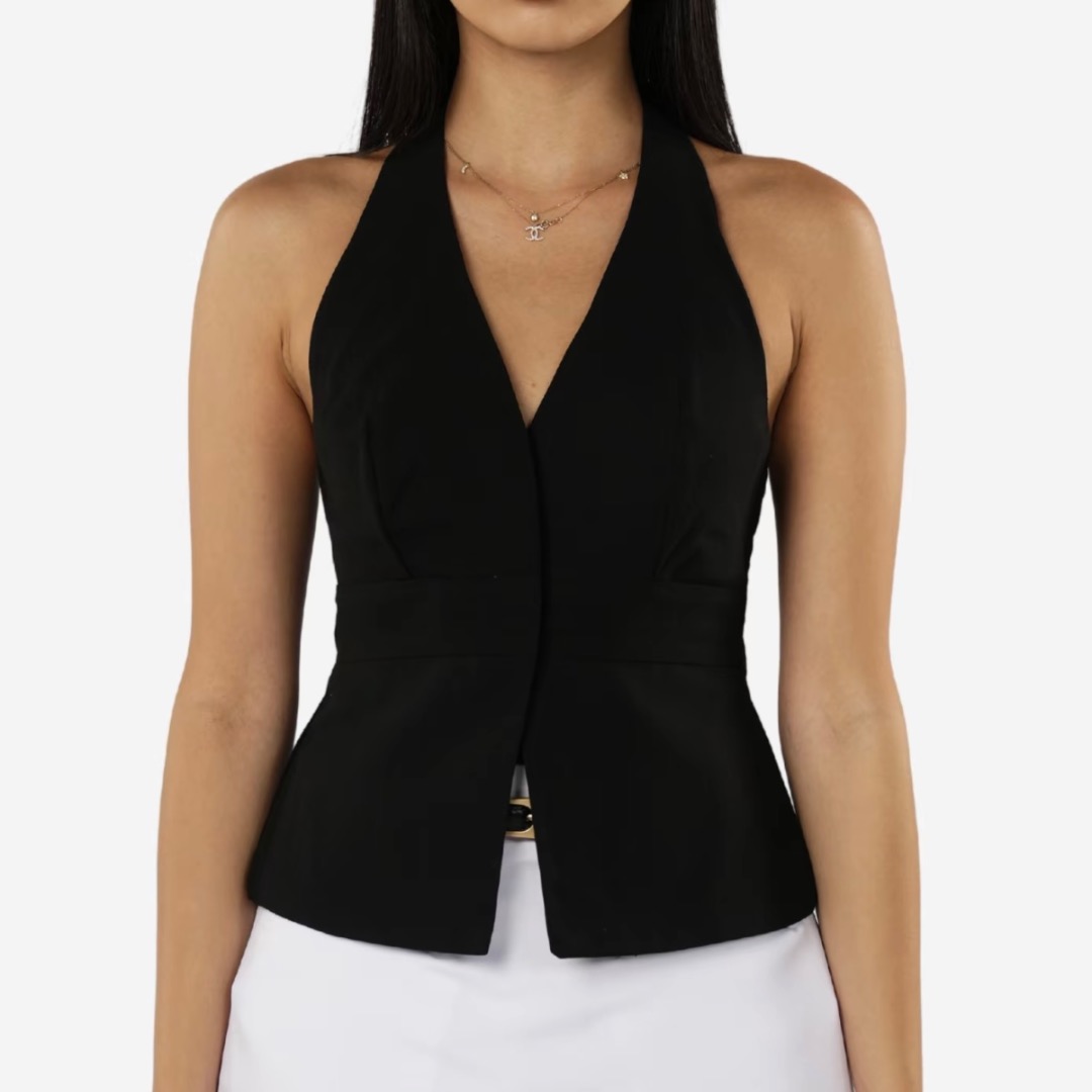 Elegant Halter Knit Top with Backless Design - Black main image 1
