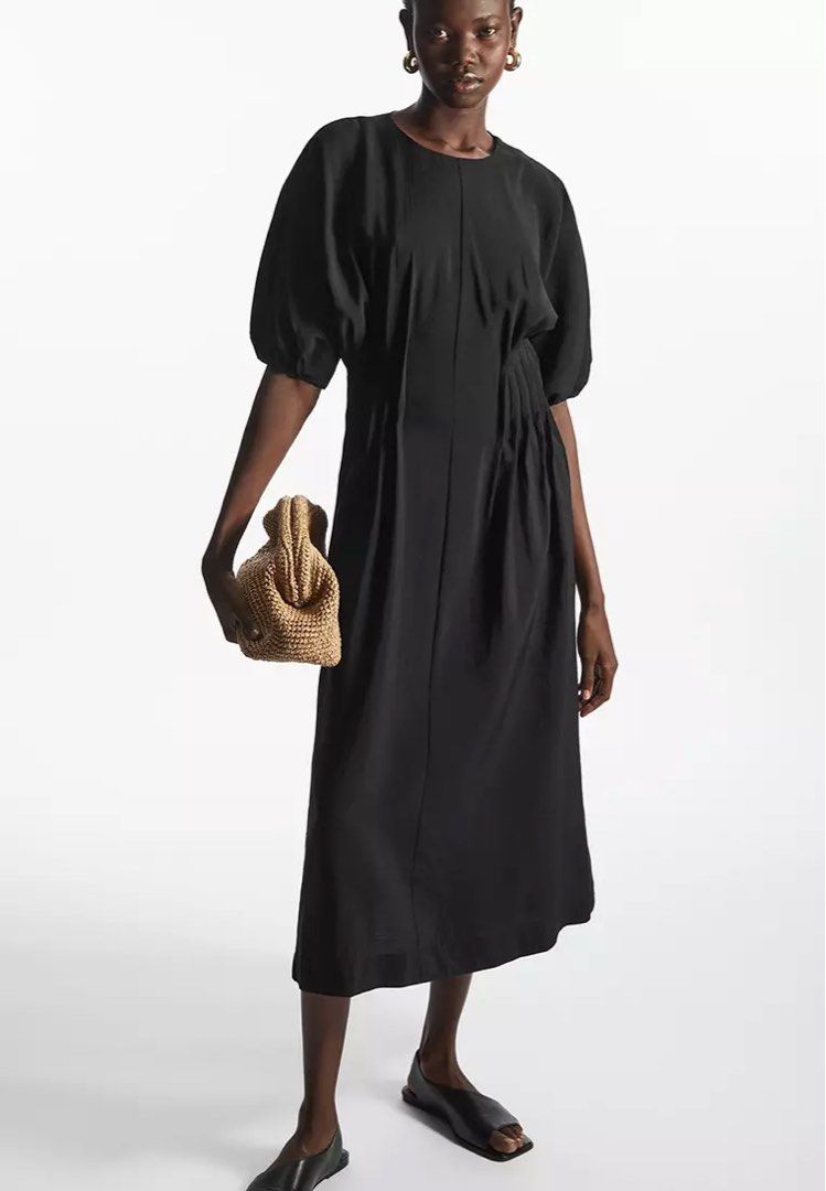 cos gathered midi dress COS Women's Black Gathered Open-back Midi Dress