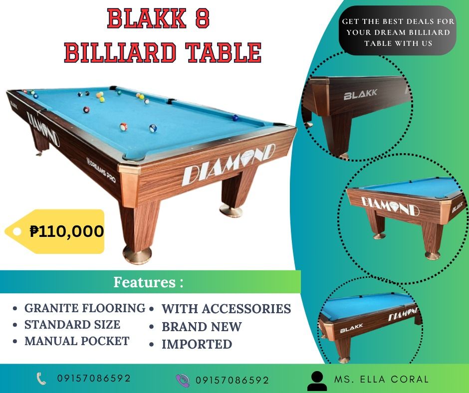 Diamond Blakk 8 Billiard table (Same specs as Maxima 8) (Category: Billiards and Bowling) located in San Pablo. Submitted by ablpsports (Listing ID 1379769109, Image 1). Description: BLAKK DIAMOND 8 BILLIARD TABLE Php 110,000 only!!! 🎱SPECIFICATIONS: Size: 5x9ft (Tournament) Slate: Granite Cushion: Uylin Corner & Side Pocket Cover: Metal Pocket: Manual.