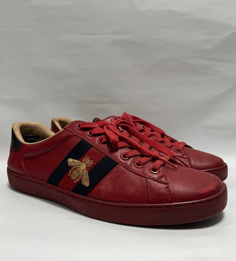 Gucci - Red Leather Web Ace Low Top Sneakers (Category: Sneakers & Footwear) located in Manila. Submitted by greatergoodph (Listing ID 1379862130, Image 1). Description: Want to Sell: Gucci - Red Leather Web Ace Low Top Sneakers Size 6.5G, fits 7.5-8 US Used Good Condition Normal Sign of Use Uppers: Some marks, scuffs, dirts, scratches, and creases. Sole: Heel drags. Scuffs. Scratches. Dirts. No Inclusion, shoes only. Details: - Step into timeles