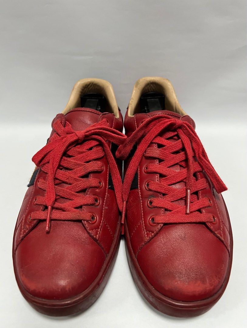 Gucci - Red Leather Web Ace Low Top Sneakers (Category: Sneakers & Footwear) located in Manila. Submitted by greatergoodph (Listing ID 1379862130, Image 3). Description: Want to Sell: Gucci - Red Leather Web Ace Low Top Sneakers Size 6.5G, fits 7.5-8 US Used Good Condition Normal Sign of Use Uppers: Some marks, scuffs, dirts, scratches, and creases. Sole: Heel drags. Scuffs. Scratches. Dirts. No Inclusion, shoes only. Details: - Step into timeles
