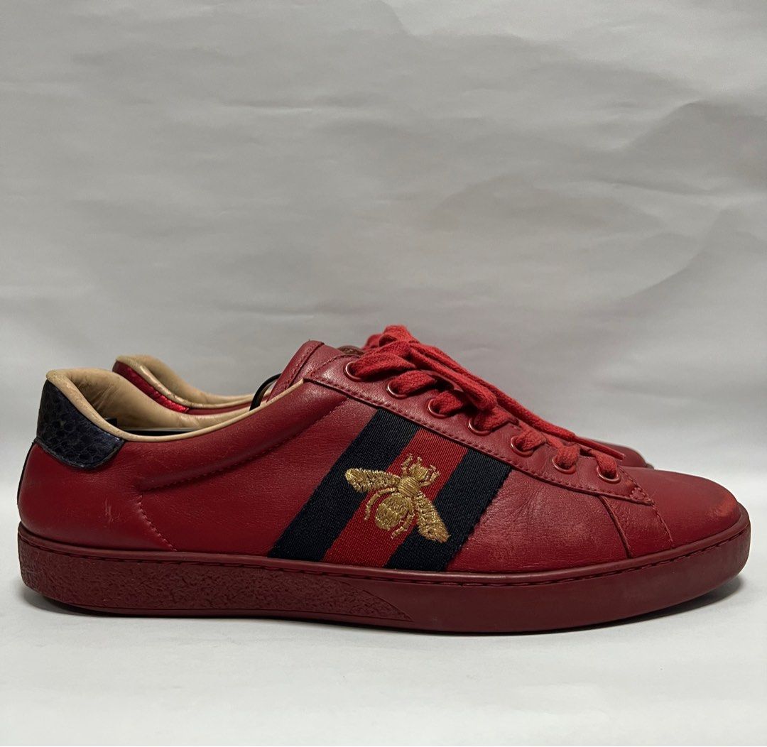 Gucci - Red Leather Web Ace Low Top Sneakers (Category: Sneakers & Footwear) located in Manila. Submitted by greatergoodph (Listing ID 1379862130, Image 2). Description: Want to Sell: Gucci - Red Leather Web Ace Low Top Sneakers Size 6.5G, fits 7.5-8 US Used Good Condition Normal Sign of Use Uppers: Some marks, scuffs, dirts, scratches, and creases. Sole: Heel drags. Scuffs. Scratches. Dirts. No Inclusion, shoes only. Details: - Step into timeles