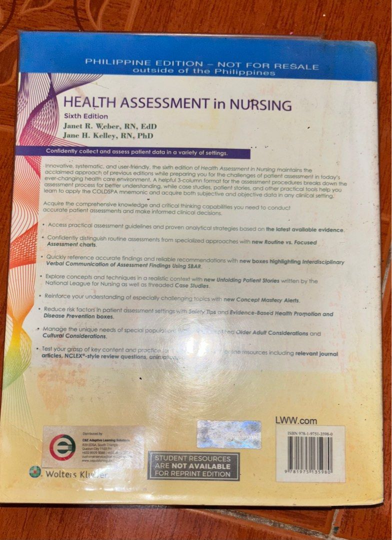 Health Assessment in Nursing 6ed (Category: Textbooks) located in Legazpi City. Submitted by cheesecates (Listing ID 1379897619, Image 3). Description: Health Assessment in Nursing 6ed - 550 (sf not included) Bought for 1400. Feel free to ask me for more pictures or videos if needed. With freebies❤️ MOD: Gcash Delivery: LBC, JNT.
