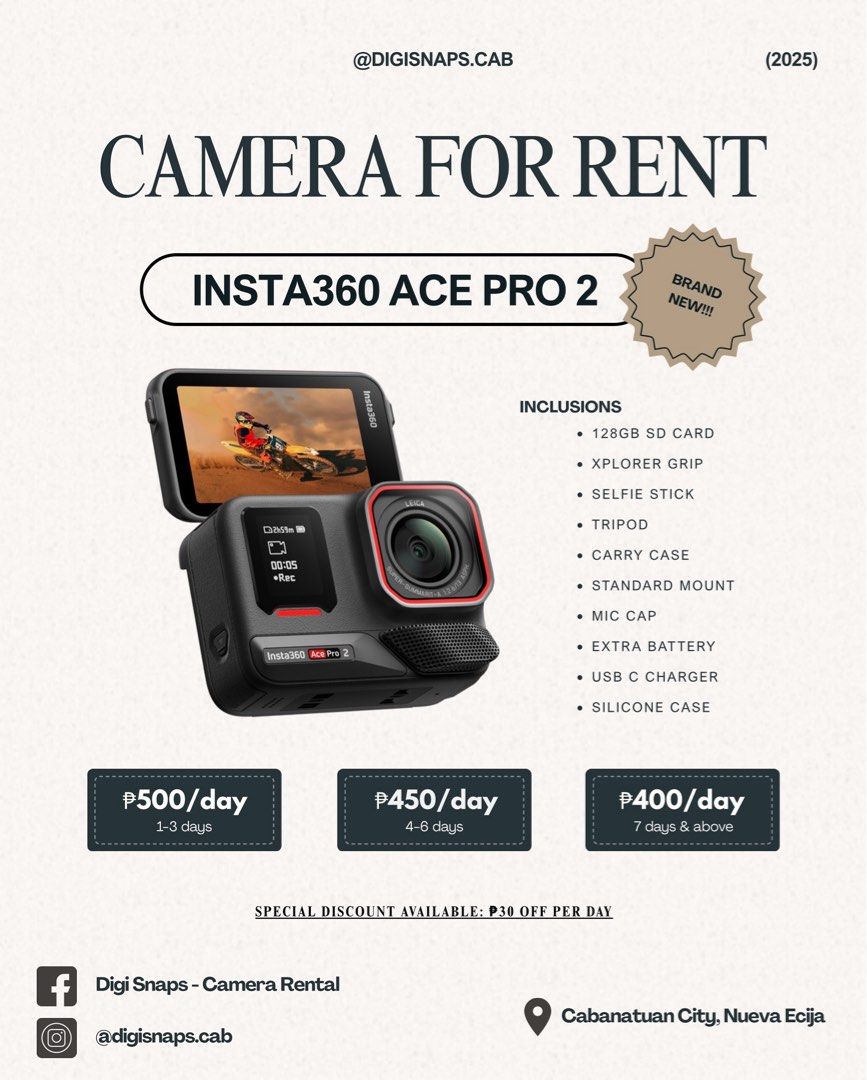 INSTA360 ACE PRO 2 FOR RENT (Category: Cameras) located in Cabanatuan. Submitted by camsygel (Listing ID 1379798477, Image 1). Description: ₱500 per day (1-3 days) ₱450 per day (4-6 days) ₱400 per day (7 days & up) FOLLOW US ON IG @digisnaps.cab FOLLOW US ON IG @digisnaps.cab FOLLOW US ON IG @digisnaps.cab CABANATUAN, NUEVA ECIJA.