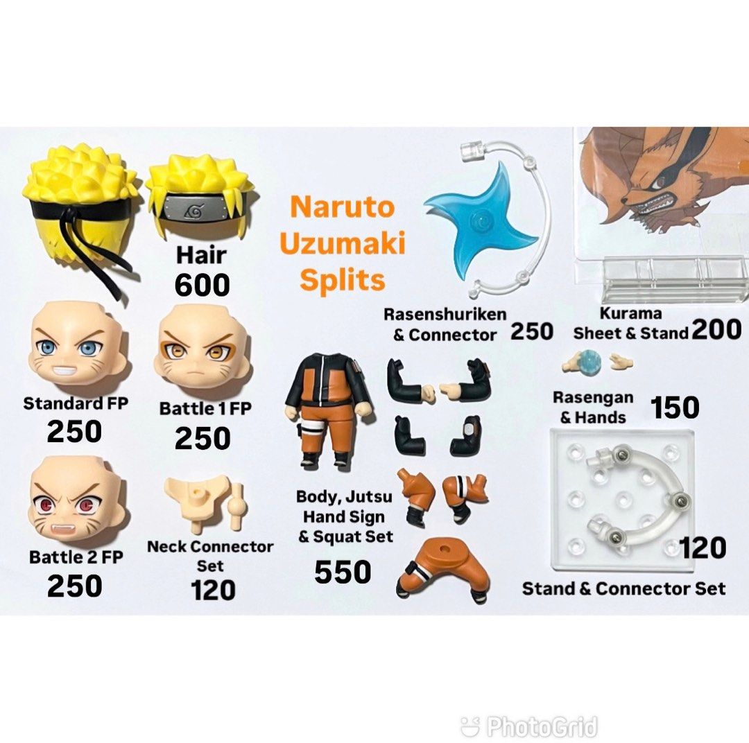 Nendoroid Naruto Uzumaki Splits (Category: Figurines & Statues) located in San Fernando. Submitted by figurebytes (Listing ID 1378659776, Image 1). Description: Naruto Uzumaki Splits Availability: *Hair - 3 Stocks *Standard FP - 3 Stocks *Battle 1 FP - 3 Stocks *Battle 2 FP - 3 Stocks *Body, Jutsu Hand Sign & Squat Set - 3 Stocks *Rasenshuriken & Connector - 2 Stocks *Rasengan & Hands - 3 Stocks *Kurama Sheet & Stand - 3 Stocks *Neck Connector Se