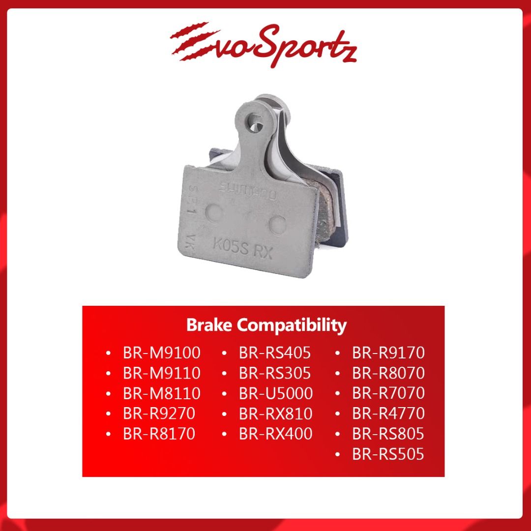 Shimano Disc Brake Pad Resin K05S-RX | Resin Disc Brake Pads | Bike Disc Pads (Category: Parts & Accessories) located in Singapore. Submitted by evosportz (Listing ID 1379767176, Image 3). Description: Made of resin and equipped with steel base plates, the K05S-RX is 50% more wear resistant than its predecessor K03S. It also does not have a radiator fin and boast noise-reduction. SPECIFICATIONS Type: Resin Brake Compatibility: BR-M9100, BR-M9110,