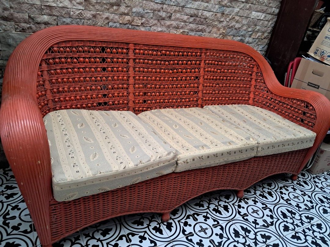 3 seater rattan sofa (Category: Sofas) located in Santa Rosa. Submitted by majanice (Listing ID 1380016599, Image 2). Description: rattan 3 seater repainted to orange good spring no concern no defect cushion is firm base is in good condition sturdy flaws: as seen on photos with scratches few defect on the braided rattan color not as sharp since this sofa is in our lanai can be repainted or varnished rfs: downsizing furnitures Just a gentle remind