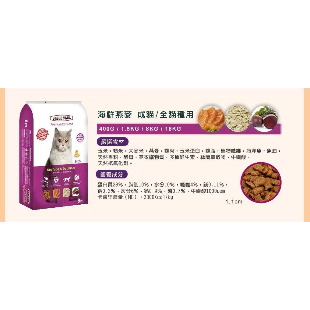 由 abbm0028 (刊登 ID 1380047283，圖片 2) 提交，位於 桃園市 (Taoyuan) 的 免運送寵物益生菌☑️ 保羅叔叔Uncle Paul優質貓糧 貓飼料 - 海鮮燕麥400g (類別：寵物食品)，說明：保羅叔叔Uncle Paul優質貓糧 貓飼料 - 海鮮燕麥400g 💟購買送寵物益生菌（寵物展拿到的贈品） 全新 效期2026/8/20 台灣製 化毛控制 ㄏㄨㄟ、款後郵寄免運費唷！。