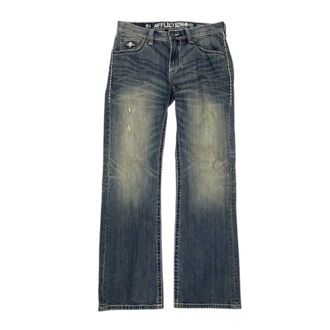 Affliction Denim Washed Pants (Category: Jeans) located in Bacolod City. Submitted by cast.archives (Listing ID 1380068158, Image 1). Description: Affliction Denim Washed Pants Size: Waist: 34” Length: 42” Inseam: 32” Leg Opening: 10” Condition: Excellent Flaw: None.