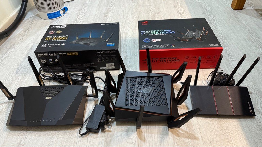 ASUS Routers GT-AX11000, RT-AX88U, RT-AX55 (Category: Networking) located in Singapore. Submitted by rio_jonathan (Listing ID 1380075134, Image 1). Description: Selling high performance ASUS Routers 1. ROG Rapture GT-AX11000 - $188 - SOLD 2. RT-AX88U - $88 Good working condition 3. RT-AX55 - $28 Lightly used - good working condition All for $200 Meetup Canberra MRT.