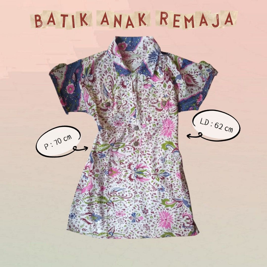BATIK MOTIF CERAH UNTUK REMAJA (Kategori: 8 hingga 12 tahun) berada di Bandung. Dikirim oleh nalabala90 (ID iklan 1380057370, Gambar 1). Deskripsi: sudah harga nett yaa,mohon untuk tidak ditawar lagi. Batik seperti baru,no brand. Pinggang karet sehingga bisa sedikit melar. sesuaikan ukuran dengan lingkar dada dan panjang baju seperti yg ada di foto pertama. bila sudah sesuai, silahkan chat kami untuk melakukan pembayaran..