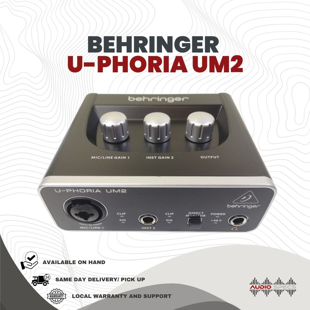 Behringer U-PHORIA UM2 USB audio interface for Recording (Category: Other Audio Equipment) located in Quezon City. Submitted by allanpauco (Listing ID 1091420725, Image 1). Description: 2x2 USB audio interface for recording microphones and instruments Audiophile 48 kHz resolution for professional audio quality. Maximum sampling rate: 48 kHz Compatible with popular recording software, including Avid pro tools, Ableton live, Steinberg Cubase, etc. 