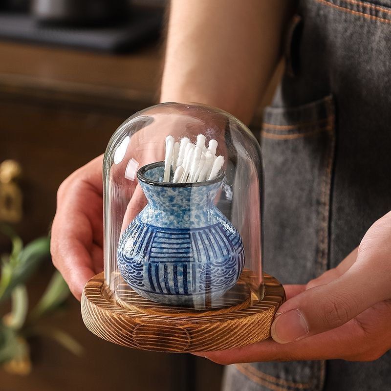 Ceramic Jar with Glass Dome and Wooden Base
