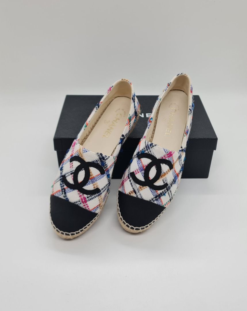 Chanel Tweed Espadrilles EU40 (Category: Sneakers & Footwear) located in Manila. Submitted by corycee (Listing ID 1379965398, Image 1). Description: Condition: Shoes is in good condition was used only a few times. It's clean and has been well maintained. Light signs of wear on the soles and minor fraying on the fabric, typical for tweed. No major scuffs, stains, or damage. Inclusions: Chanel box Price: 50K RFS: not being used anymore Location: Mu