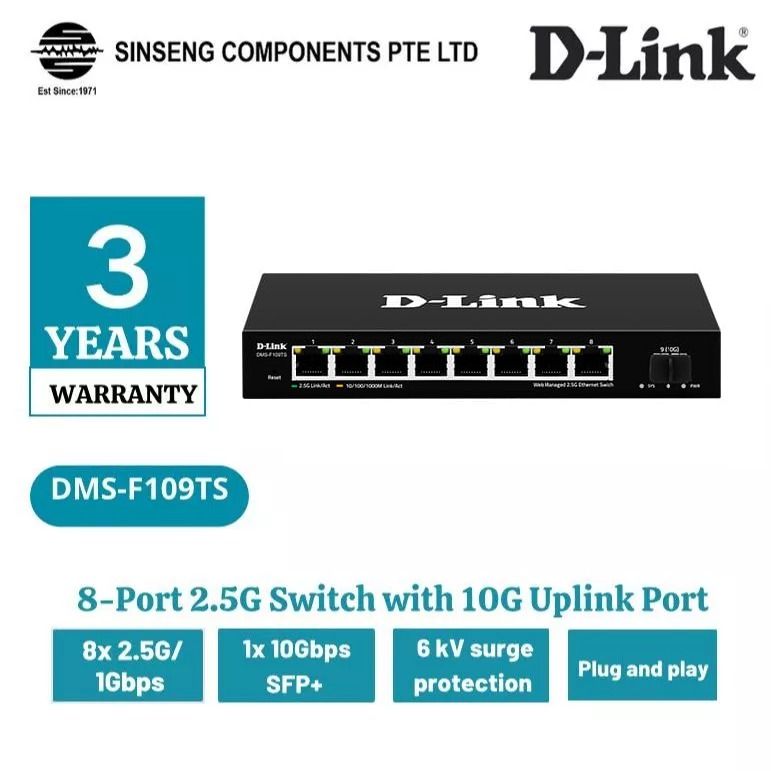 D-LINK 8 Port 2.5G Ethernet Switch with 10G Uplink Port Network Switch - DMS-F109TS | High-Speed, PoE, Web Management (Category: Networking) located in Singapore. Submitted by SinsengComponentsPteLtd (Listing ID 1351498348, Image 1). Description: Est. 1971, Sinseng Components Pte Ltd located at: #01-11 Sim Lim TOWER (S)208787 is Importer/Exporter/Distributor/Wholesaler of Security Surveillance, Smart Home AIoT , Electronic & Networking Products. 