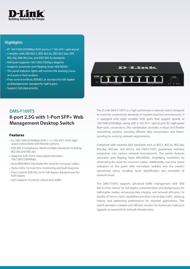 D-LINK 8 Port 2.5G Ethernet Switch with 10G Uplink Port Network Switch - DMS-F109TS | High-Speed, PoE, Web Management (Category: Networking) located in Singapore. Submitted by SinsengComponentsPteLtd (Listing ID 1351498348, Image 2). Description: Est. 1971, Sinseng Components Pte Ltd located at: #01-11 Sim Lim TOWER (S)208787 is Importer/Exporter/Distributor/Wholesaler of Security Surveillance, Smart Home AIoT , Electronic & Networking Products. 