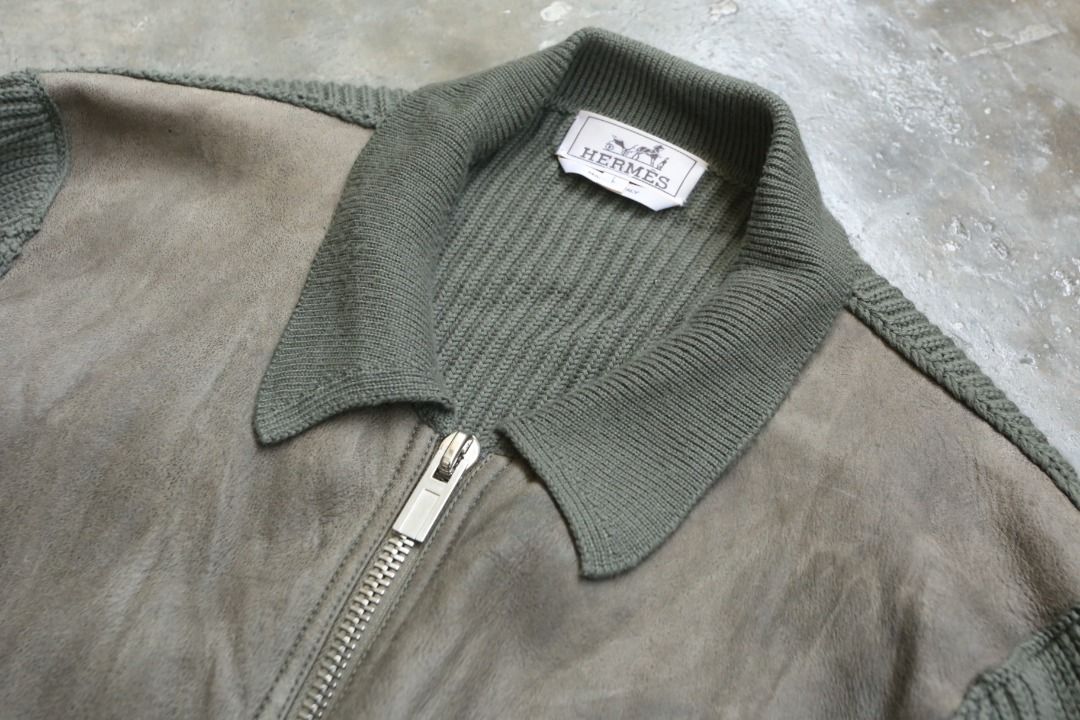 Hermes - Leather-Front Knitted Jacket (Category: Coats, Jackets and Outerwear) located in Manila. Submitted by graymatter_ (Listing ID 1379968293, Image 3). Description: Hermes - Leather-Front Knitted Jacket Tagged Size: L Condition: 9/10 Flaws: Overall Piling on Wool Knit Material: 100% Wool, Lambskin Leather Made in: Italy Dimensions Length: 30 Width: 22 Shoulder: 17.5 Sleeve: 32 .