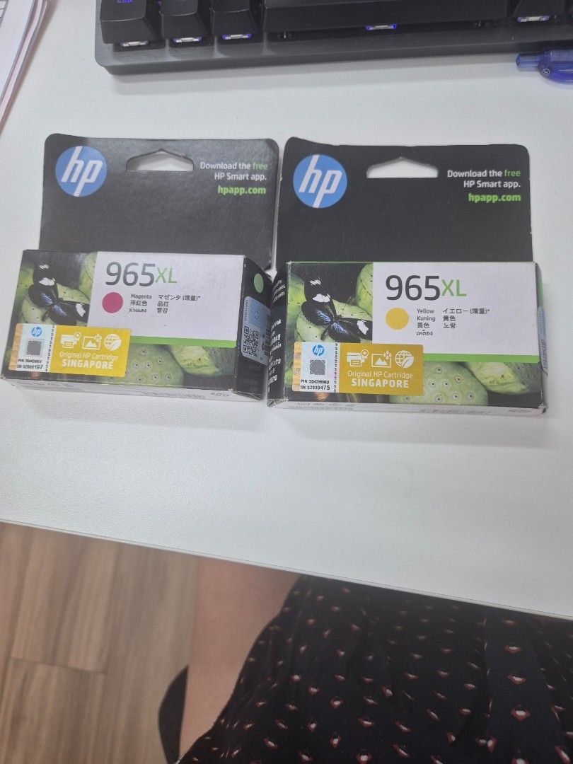 HP 965XL Yellow and Magenta Ink Cartridges (Category: Printers, Scanners & Copiers) located in Singapore. Submitted by gniyour (Listing ID 1379977943, Image 1). Description: - Two new HP 965XL ink cartridges - Includes one yellow and one magenta cartridge - Both cartridges are unopened - In original packaging - Perfect for your HP printer -selling at 45 each (2 for 80).