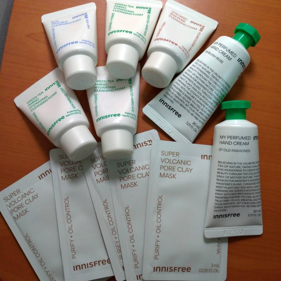 由 heymoodie (刊登 ID 1380013578，圖片 1) 提交，位於 高雄市 (Kaohsiung) 的 Innisfree 綠茶潔面乳 香榧鬥荳潔面乳 火山泥潔面乳 香氛護手霜 火山泥面膜 全新未拆封 (類別：個人清潔保養)，說明：攜帶方便，適合外出、旅行用！ - 火山泥毛孔調理潔面乳15g，全新未拆封，效期為2027年，售$38，庫存1。 綠茶保濕胺基酸潔面乳15g，全新未拆封，效期為2026年，售$38，庫存3。 香榧鬥荳潔面乳15g，全新未拆封，效期為2026年，售$38，庫存1。 我的香氛護手霜06羞澀玫瑰30ml，全新未拆封，效期為2027年，售$155，庫存1。 我的香氛護手霜07經典情懷30ml，全新未拆封，效期為2028年，售$155，庫存1。 超級火山泥毛孔潔淨面膜3ml，全新未拆封，效期為2026、2027年，售$18，庫存5。 - 賣場滿$100才出貨！。